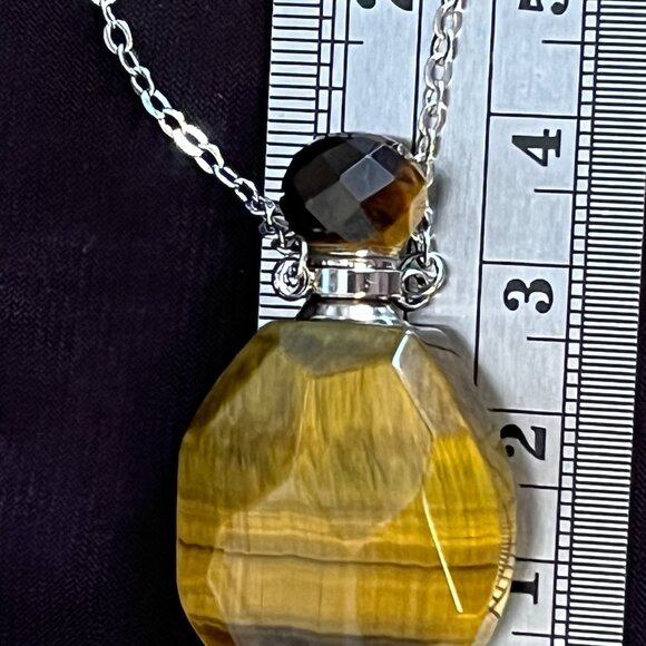 Tiger’s Eye Natural Stone Vial Pendant • 20” Silver Tone Chain • Keepsake Urn - Picture 6 of 9